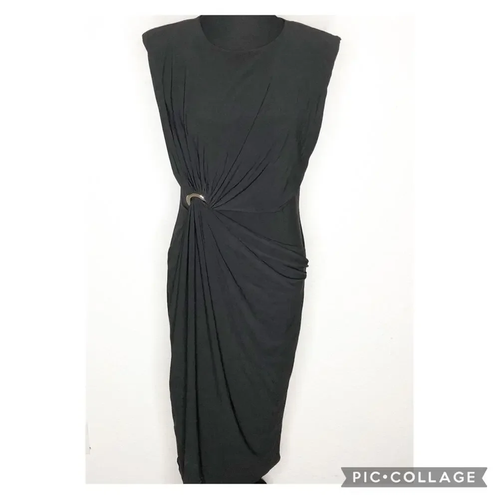 WHBM black draped front grommet cap sleeve midi dress size Medium NWT classic